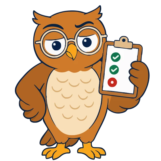 A cartoon owl in round glasses holding up a checklist